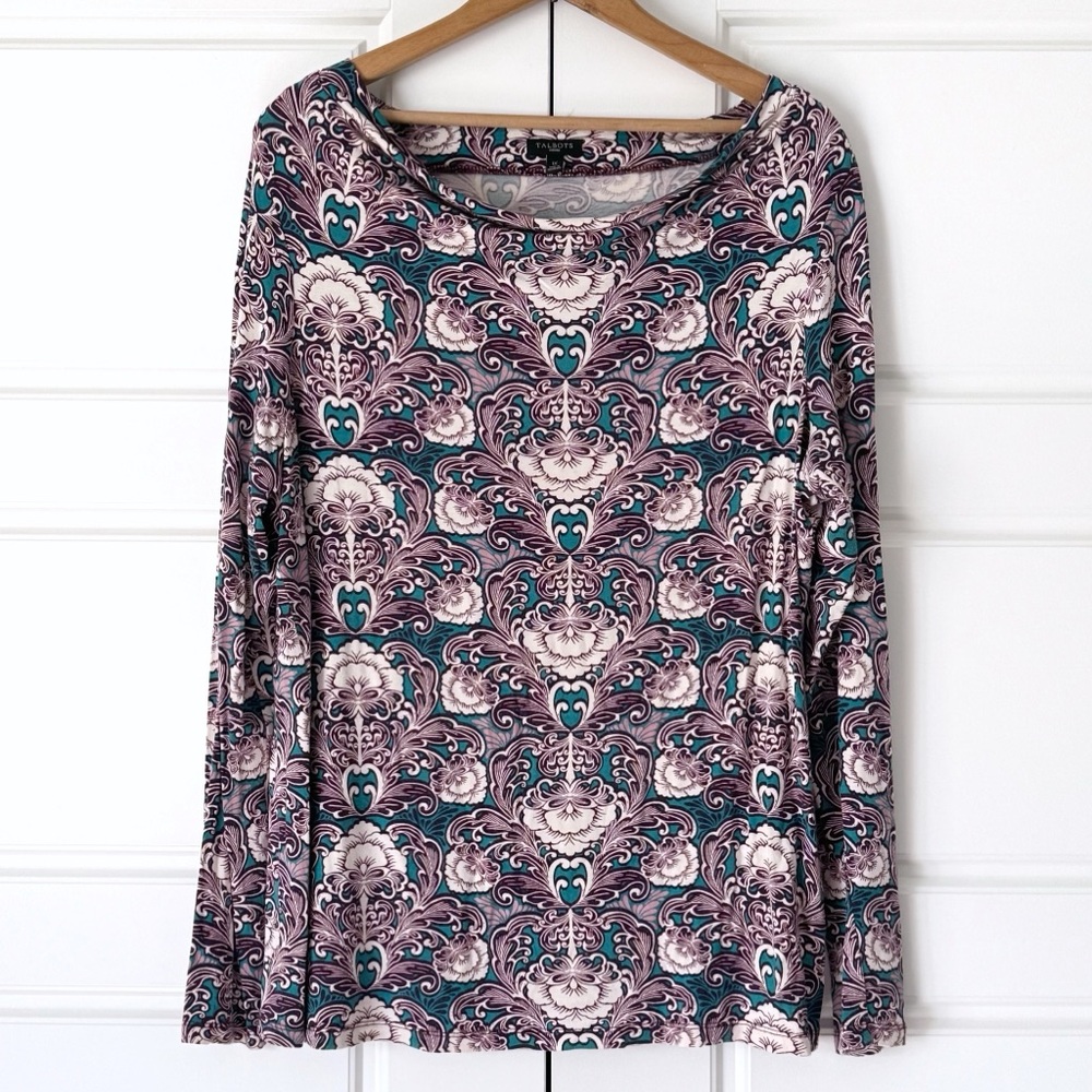 Talbots Floral Long Sleeve Cowl Neck Drape Tee Womens 1X Purple Damask Knit Top